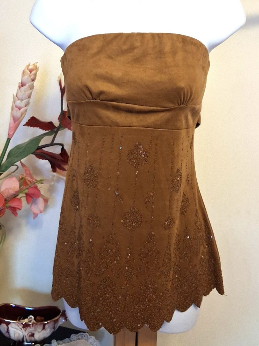 NWOT XXI Unique Beads Design Light Brown Strapless Top Slim Camisole XS
